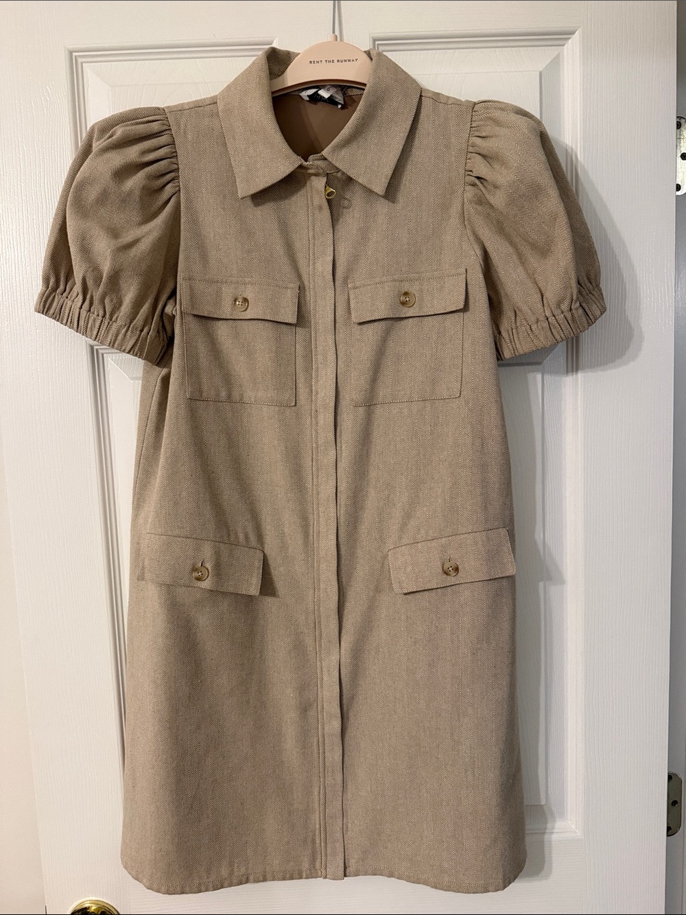 S Neutral Beige Puff Sleeve Shirt Dress